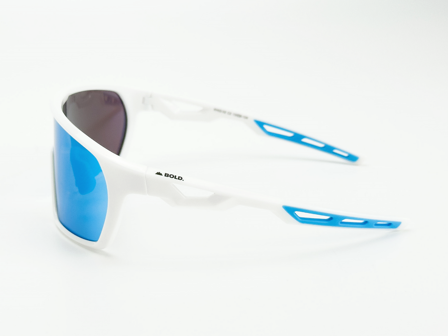 BOLD Senders Kids Sunglasses by boldouterwear feature a white wraparound frame, blue mirrored lenses, and blue arm accents. These modern, angular shades offer UV400 protection and display the "BOLD." logo on the left arm near the hinge.