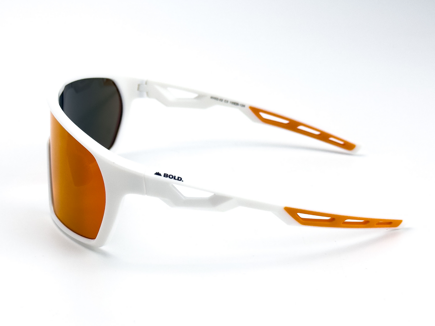 BOLD Senders Kids Sunglasses by boldouterwear feature a white frame, orange mirrored lenses, orange accents, and cut-out arms for ventilation with UV400 protection. The BOLD. logo is on the side. Displayed angled right on a white background.