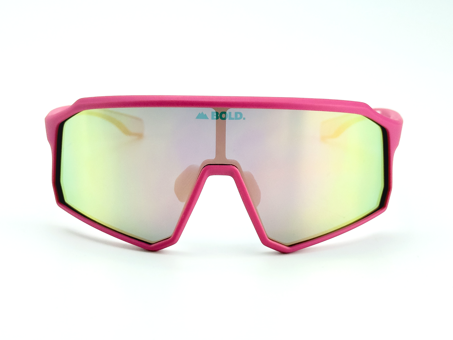Front view of BOLD Rippers Kids Sunglasses by boldouterwear, featuring a bold pink frame and wide, durable lenses with subtle rainbow reflection. "BOLD." with a mountain icon is printed in blue at the top center of the lens. White background.