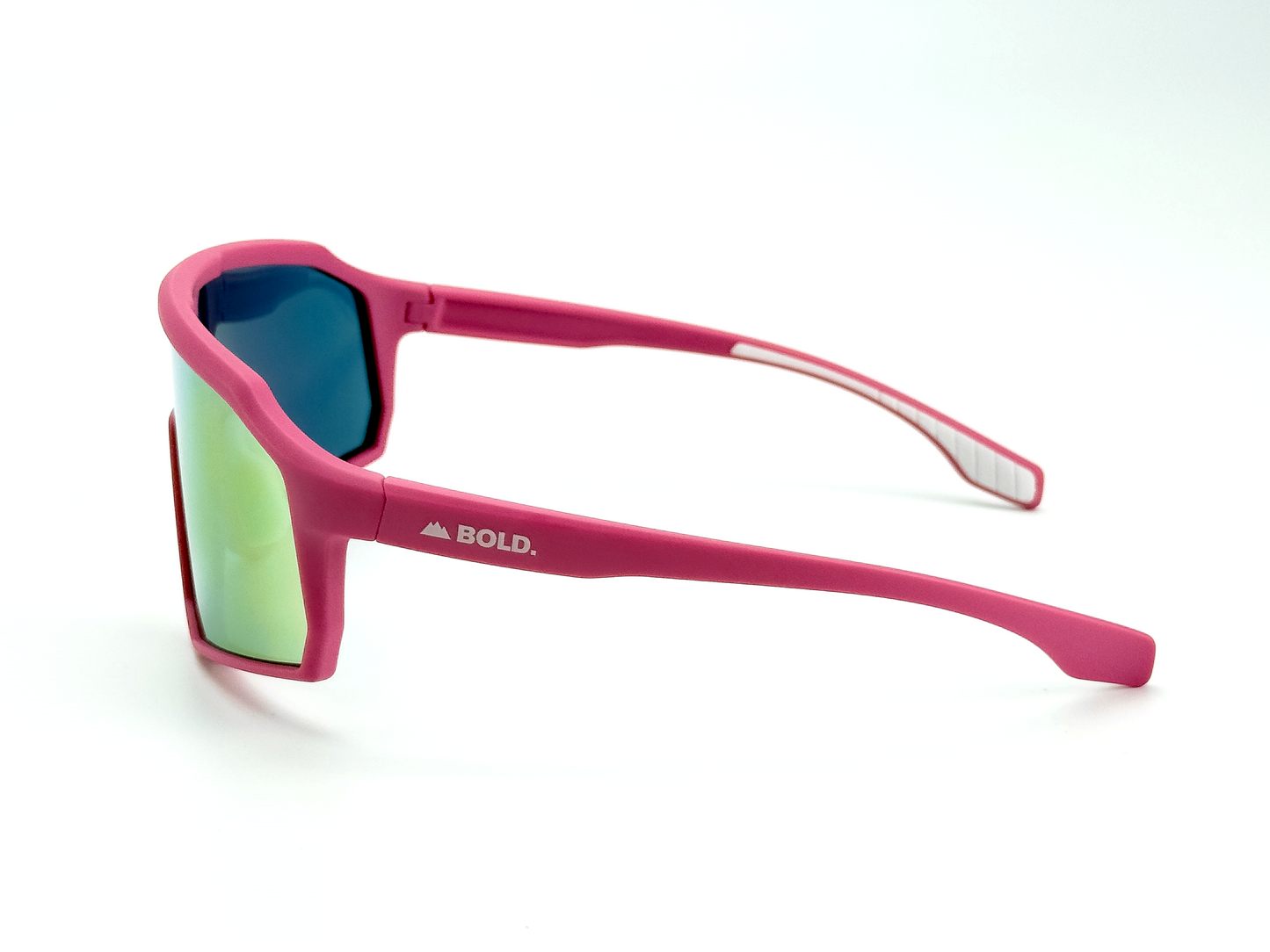 BOLD Rippers Kids Sunglasses by boldouterwear feature bright pink wraparound frames, UV400 mirrored lenses, and a white BOLD. logo with mountain icon on the left temple. Durable kids' MTB, ski & lifestyle eyewear shown on a plain white background.