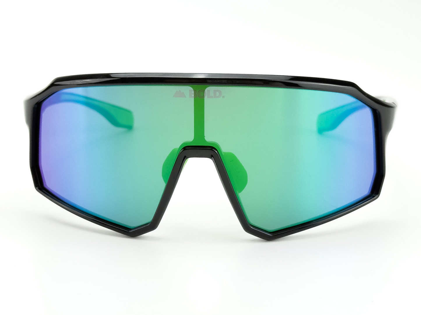 The boldouterwear BOLD Rippers Kids Sunglasses are shown from the front against a white background, featuring black frames and large, reflective green-blue gradient UV400 lenses with angular, slightly curved design and straight-edged thick temples.