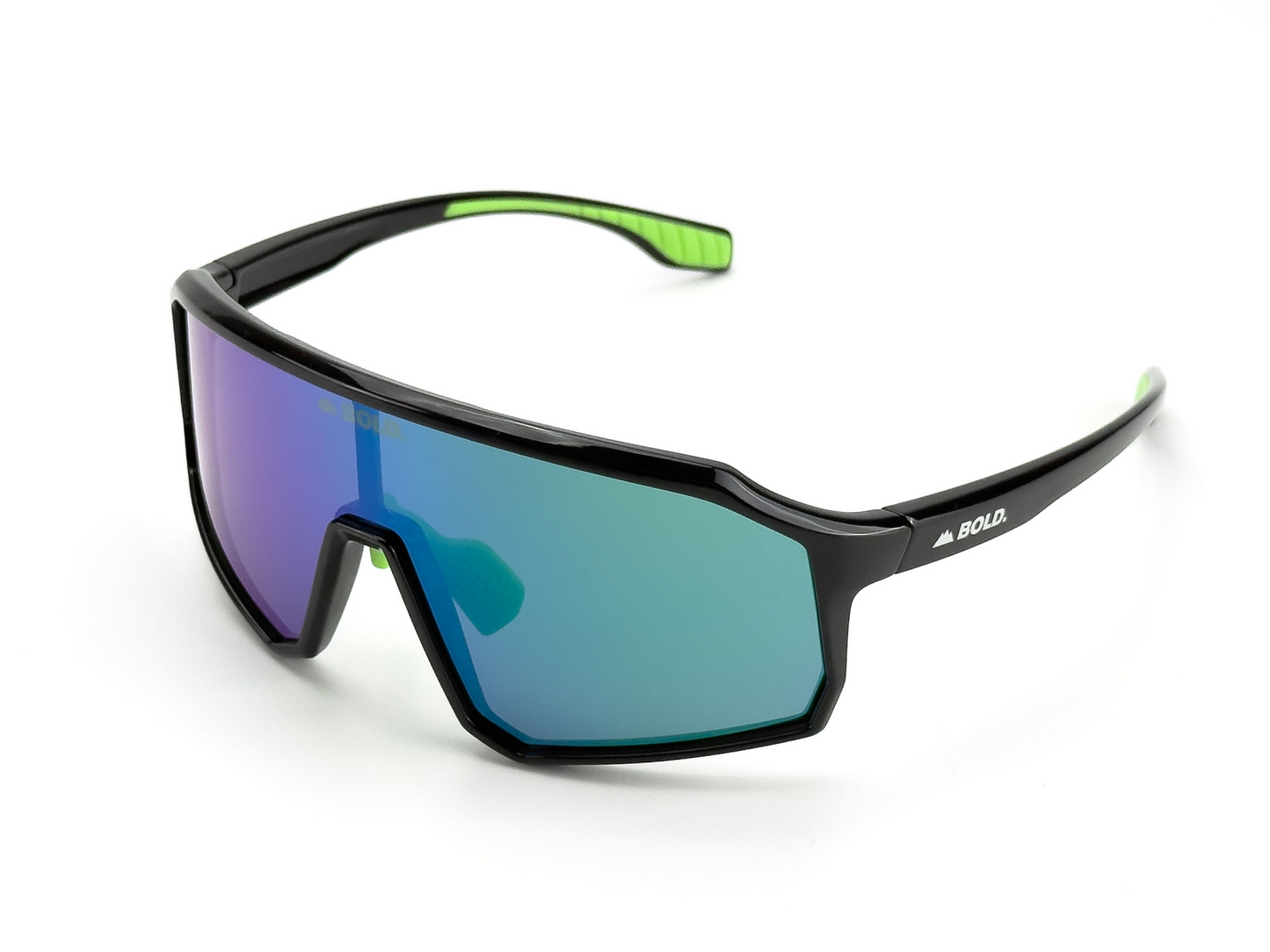 The BOLD Rippers Kids Sunglasses from boldouterwear feature a black frame, neon green earpieces, and a large blue-green mirrored lens with UV400 protection—an aerodynamic, durable design perfect for MTB, ski, and active lifestyles.