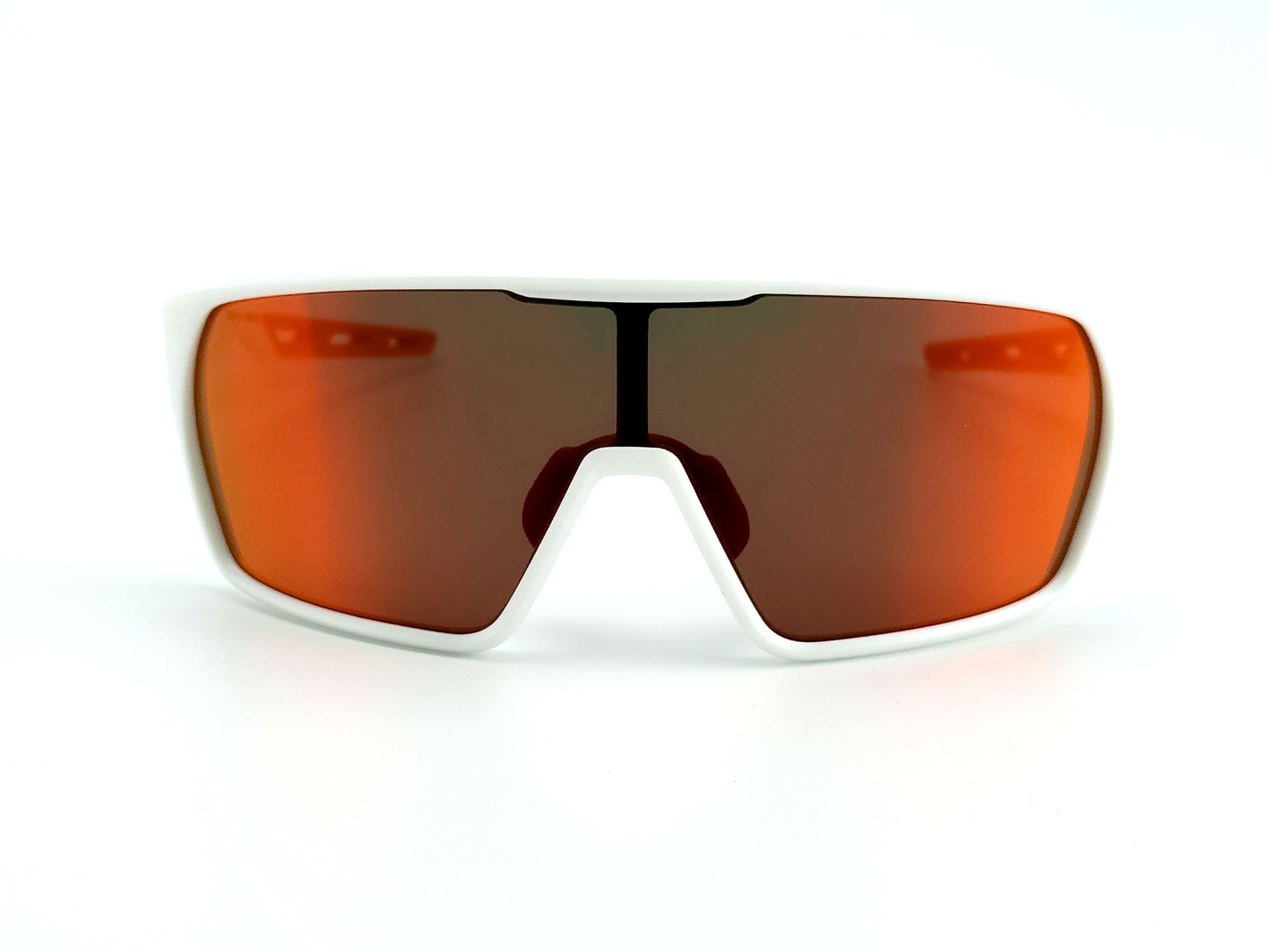 The BOLD Senders Kids Sunglasses by boldouterwear feature a thick white wraparound frame with an angular design, single large orange-red lens, prominent nose bridge, and UV400 protection. Perfect for MTB, ski & lifestyle. Photographed on white.