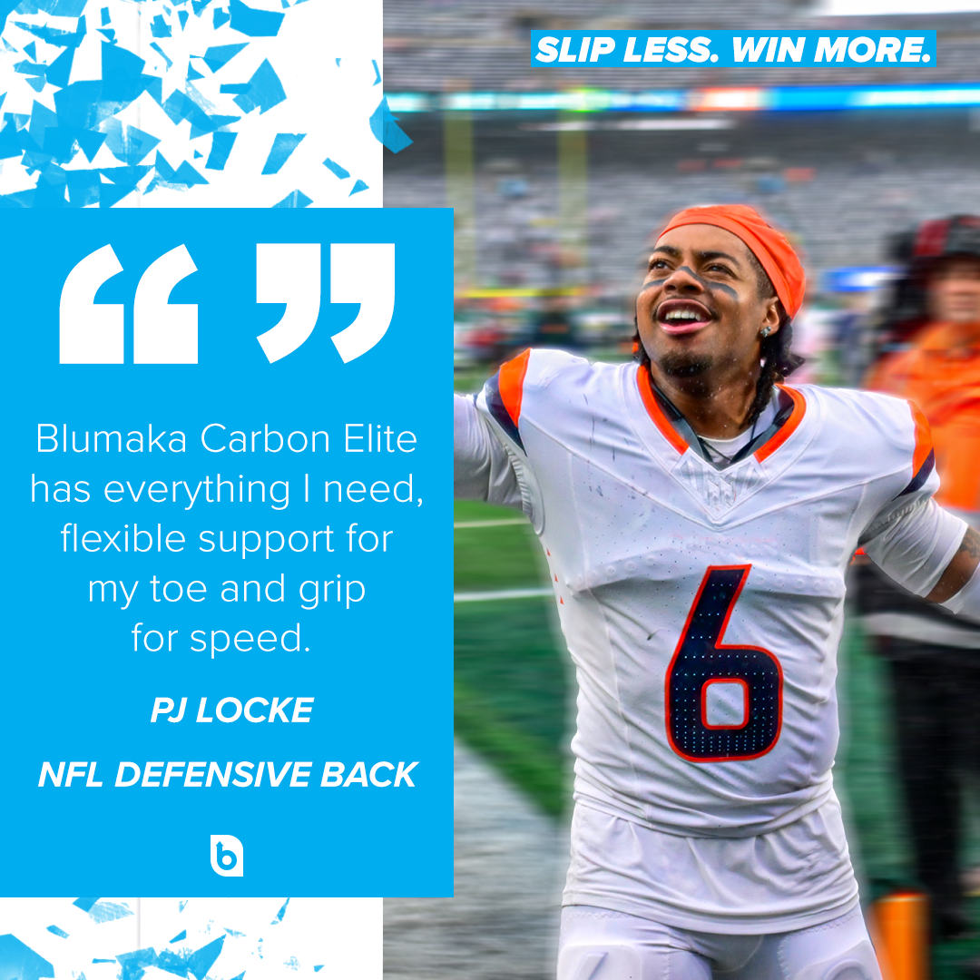 An NFL player in a white jersey and orange headband smiles and raises his arms on the field. On the left, a blue box features PJ Locke’s quote about Blumaka NonSlip Carbon Elite Insole. Blue confetti accents border the scene.