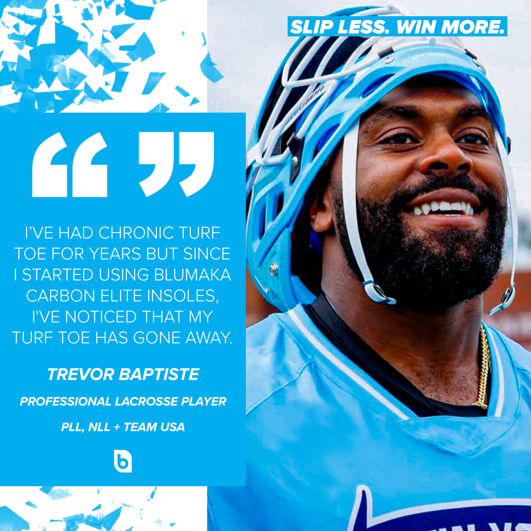 A smiling lacrosse player in blue gear and helmet looks up. Trevor Baptiste praises Blumaka’s NonSlip Carbon Elite Insole for turf toe protection, noting his PLL, NLL, and Team USA roles. Top text: SLIP LESS. WIN MORE.