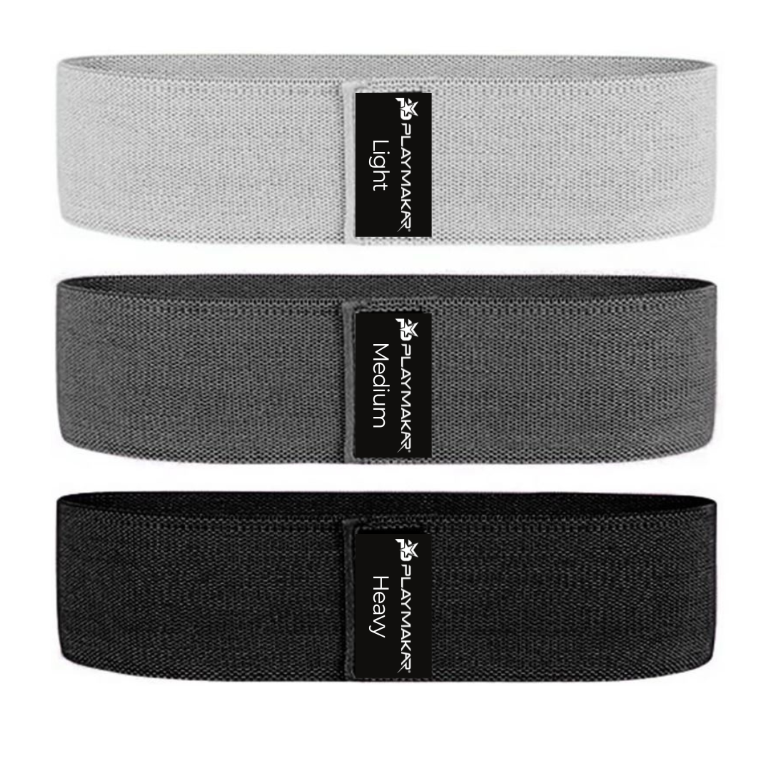 Three iReliev Premium Resistance Bands with reinforced stitching are stacked vertically: the top is light gray (Light), the middle dark gray (Medium), and the bottom black (Heavy). Each band features a central iReliev logo tag.