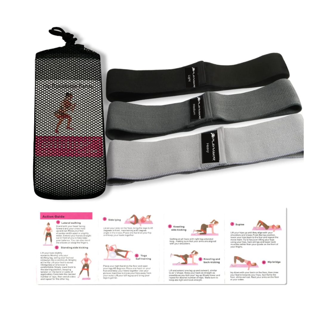 The iReliev Premium Resistance Bands—three fabric bands with anti-slip lining and reinforced stitching in black, dark gray, and light gray—are shown beside a black mesh storage bag and an illustrated exercise guide.