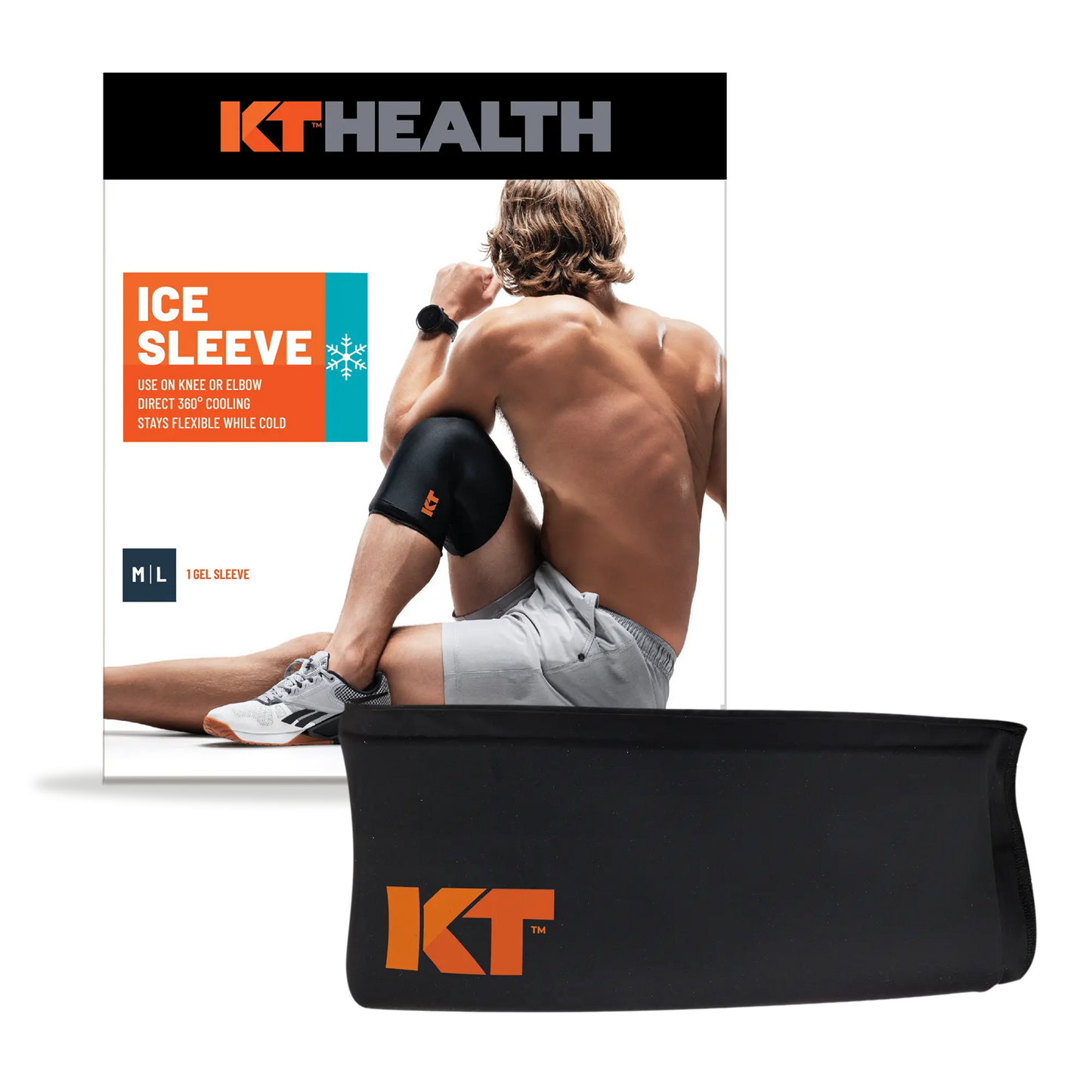 A man in gray shorts sits sideways, wearing a black KT Health Ice Sleeve by KT Tape on his knee. The box behind him displays "ICE SLEEVE" in bold orange letters. Below is a close-up with the orange KT logo.
