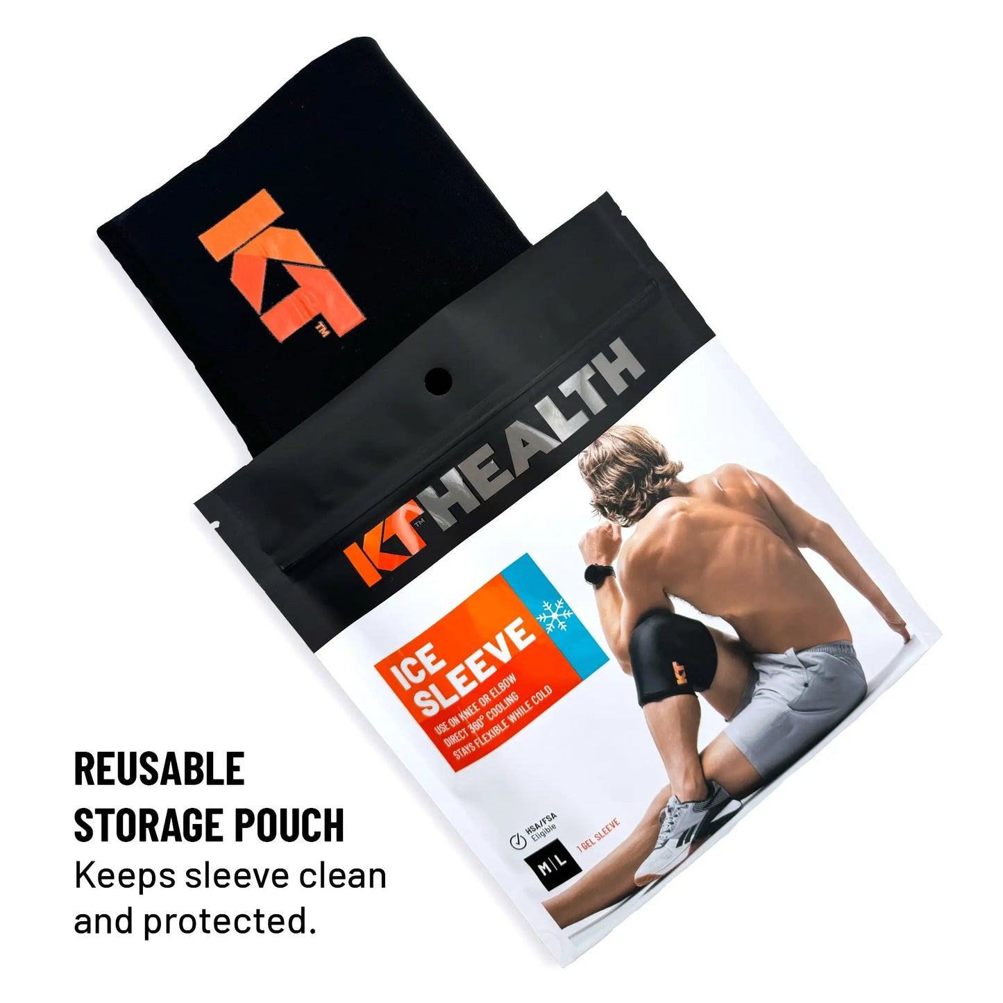 A black KT Health Ice Sleeve by KT Tape is partly out of a resealable pouch featuring an image of someone with the sleeve on their knee. Pouch text: REUSABLE STORAGE POUCH. Keeps your ice sleeve clean and protected for cold therapy.