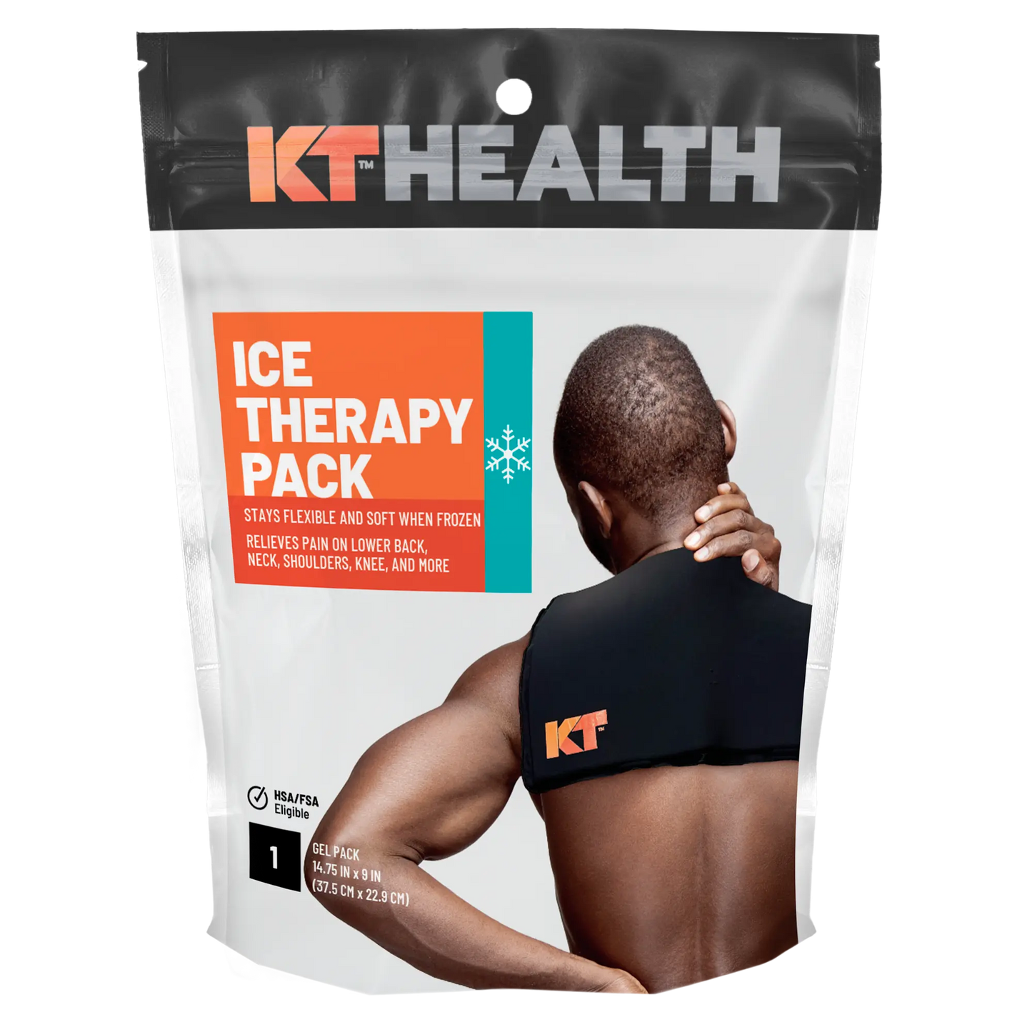 The KT Health Ice Therapy Pack by KT Tape features a person with dark skin and short hair applying the pack to their upper back. The packaging promotes cold therapy for sore muscles in the lower back, neck, shoulders, knees, and more.