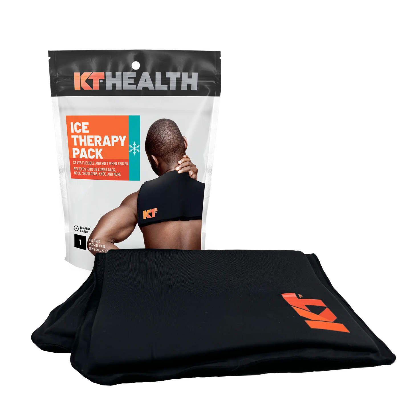 A KT Health Ice Therapy Pack by KT Tape is displayed before its packaging, which shows cold therapy for sore muscles and features “ICE THERAPY PACK” with the KT Tape logo in orange and white on a gray background.