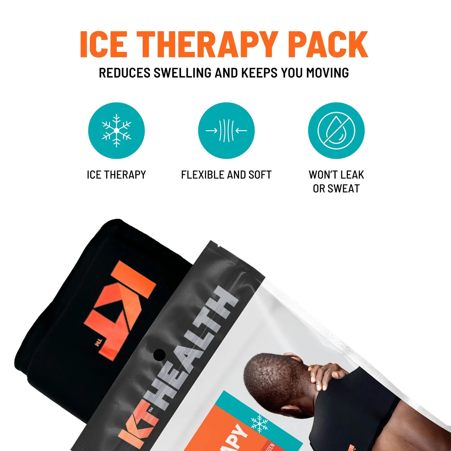 A product image for the KT Tape KT Health Ice Therapy Pack. The top text reads, “ICE THERAPY PACK – Reduces swelling and keeps you moving.” Three icons show cold therapy for sore muscles, flexible/soft, won’t leak or sweat. A person is seen holding their neck.