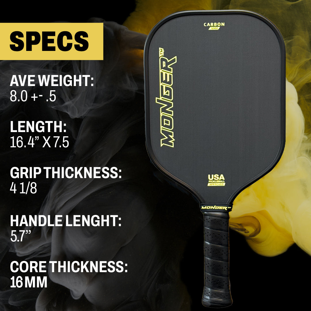 A white PickleballMonger Monger 16mm Carbon Power Pro Gen 2 T700 Toray carbon fiber paddle sits on a smoky black background. Specs: 8.0±0.5 oz, 16mm polymer core, 16.4x7.5”, and a 5.7” handle; “Free Cover” included.