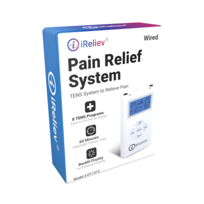 A tilted product box for the iReliev TENS Unit Pain Relief System displays features like 8 programs, a 60-minute timer, and backlit display—ideal for sore muscles. The digital device image appears on the packaging.