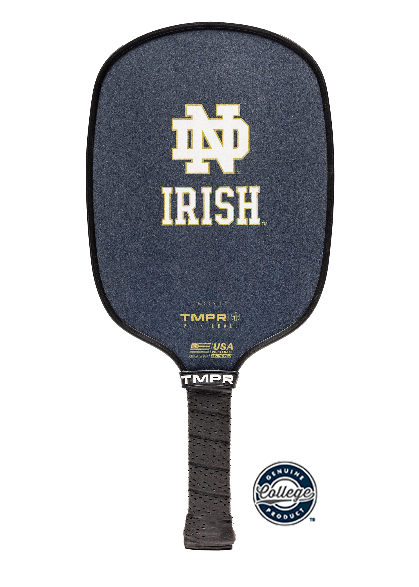 The TMPR Sports Terra LX, Irish Tradition is a navy blue Notre Dame pickleball paddle with SPINGRIP surface, ND monogram, IRISH and TMPR logos in gold/white, Luxe Core design, black grip handle, and Genuine College Product seal.