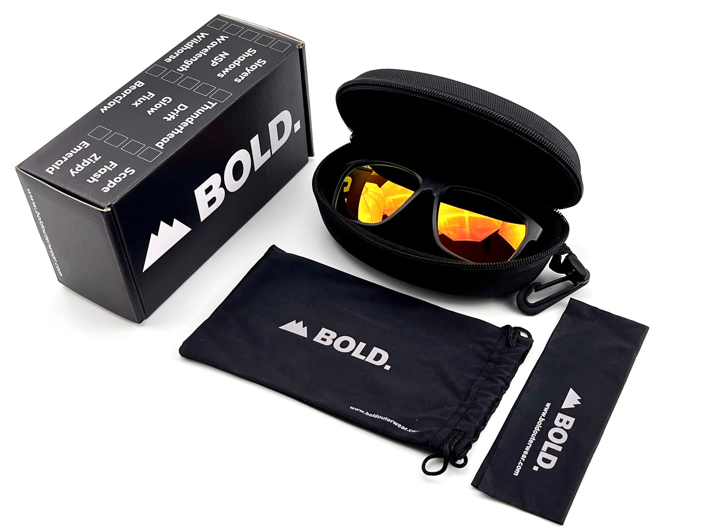 The BOLD Thunderhead Performance Sunglasses by boldouterwear feature orange reflective lenses and come with a black zippered case, branded box, pouch, and cleaning cloth—all with white BOLD logos—for stylish UV protection.