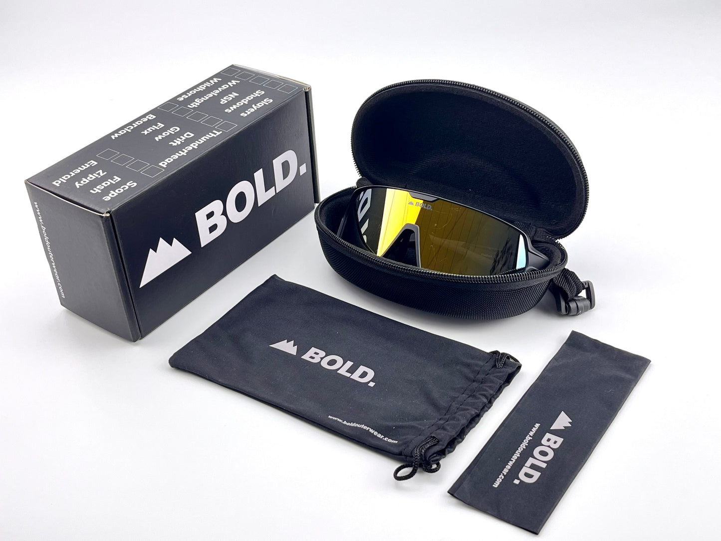 The BOLD Shadows Performance Sunglasses by boldouterwear feature a wraparound reflective design and come with a hard zip case, black branded box, soft pouch, and microfiber cloth—ideal for MTB, ski, cycling, hiking, and other sports.