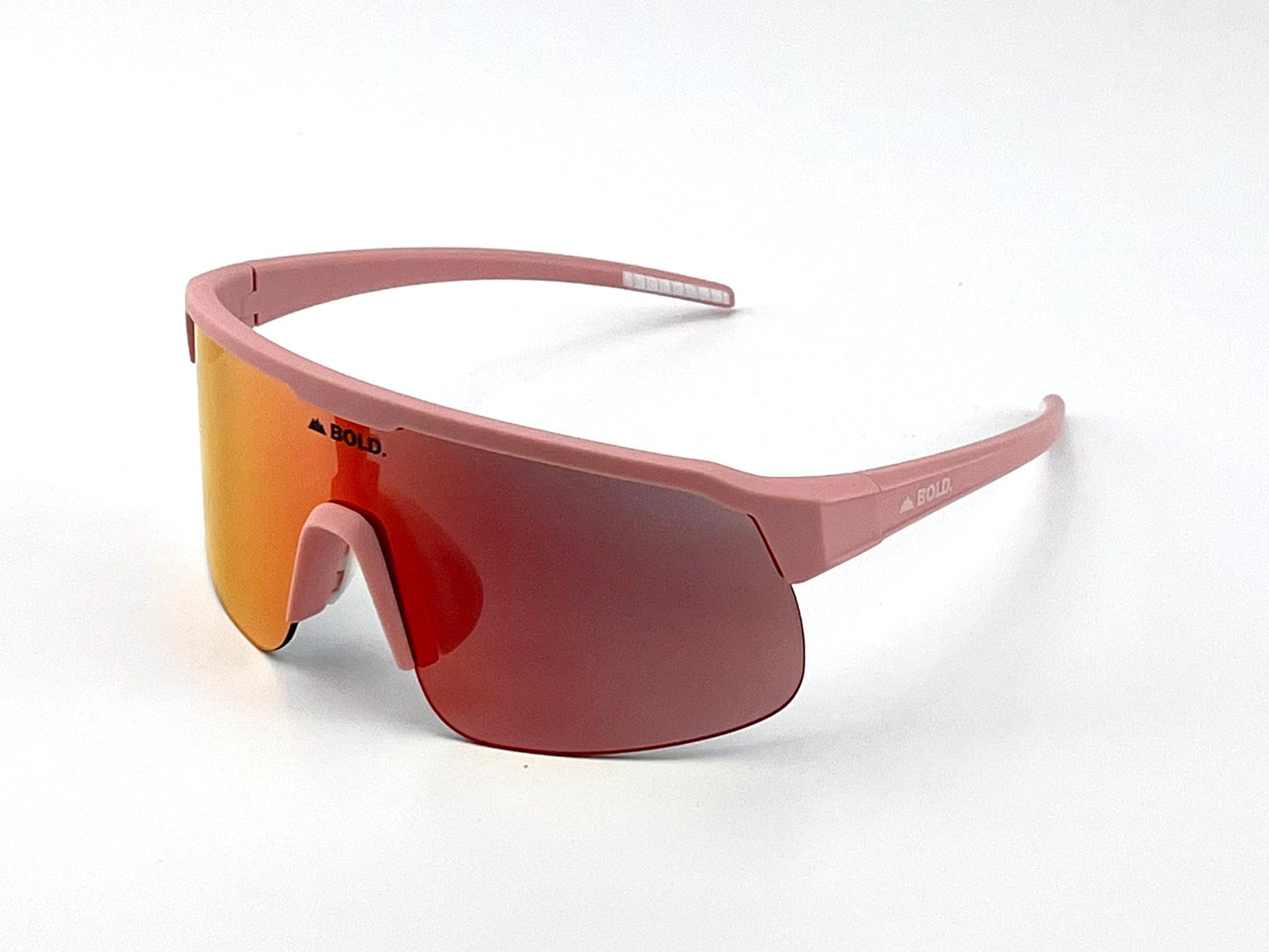 BOLD Zippy Photochromic Sunglasses by boldouterwear: pink performance shades with a wide, single orange-red mirrored lens and thick frame. Black and white BOLD. branding on the left lens and right arm. Plain white background.