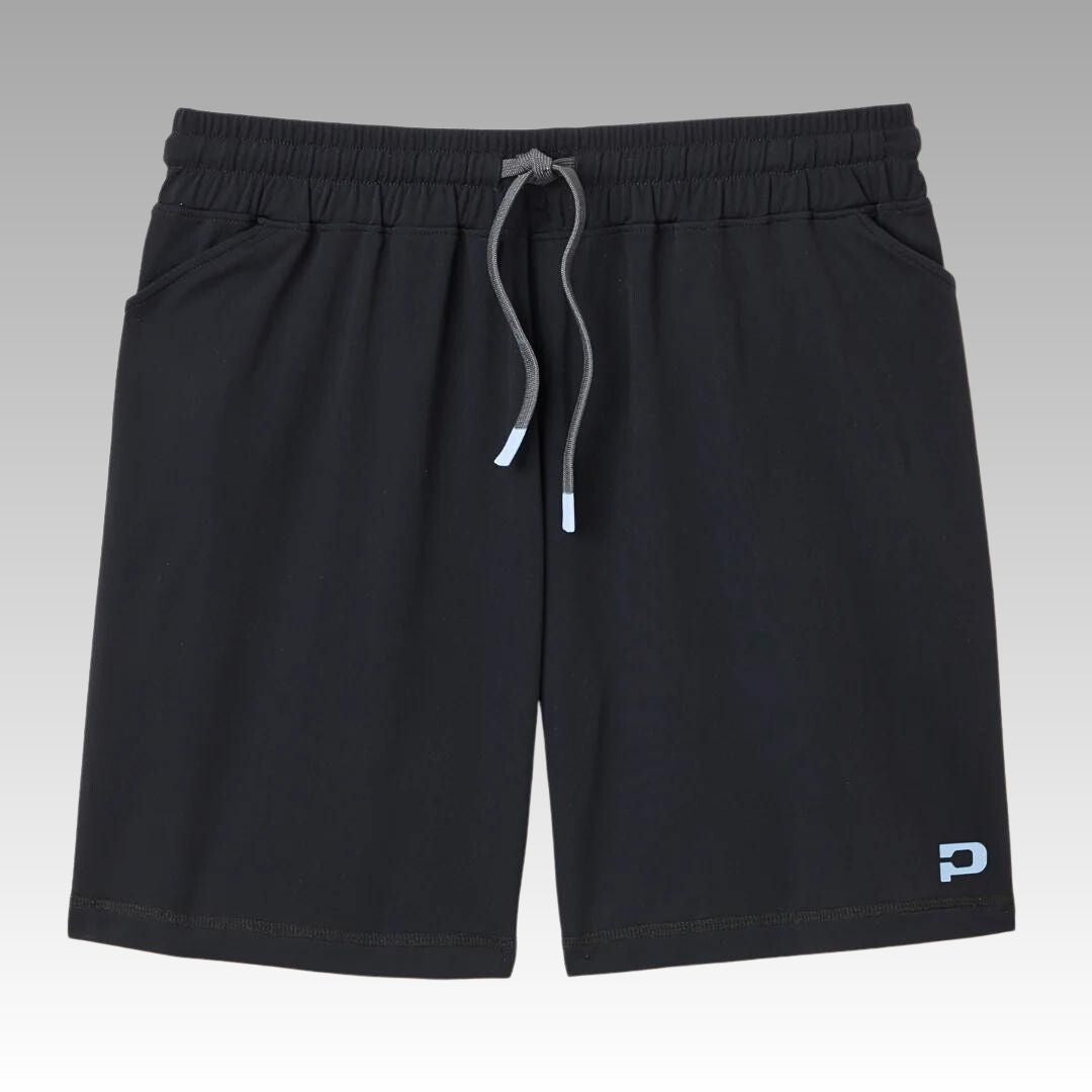 The Kelter Short by Playly Store is a men's athletic short made with SofKnit fabric, an elastic waistband, gray drawstring, side pockets, and a white and blue “P” logo on the lower left leg. Shown on a light gray gradient background.