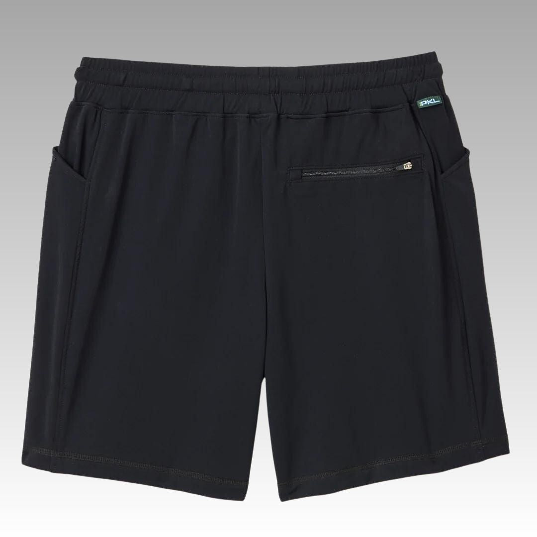 The Kelter Short by Playly Store is a pair of black men's athletic shorts with an elastic waistband, two side pockets, and a right zippered pocket. Crafted from lightweight SofKnit fabric, they feature a blue logo tag near the waistband on a gray gradient background.