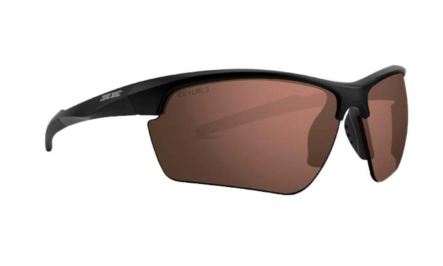 The Kennedy Sport Wrap Sunglasses by Epoch Eyewear feature a matte black semi-rimless frame, brown shatterproof polycarbonate lenses, sleek arms with a subtle logo, and adjustable nose pads for comfort and a secure fit.