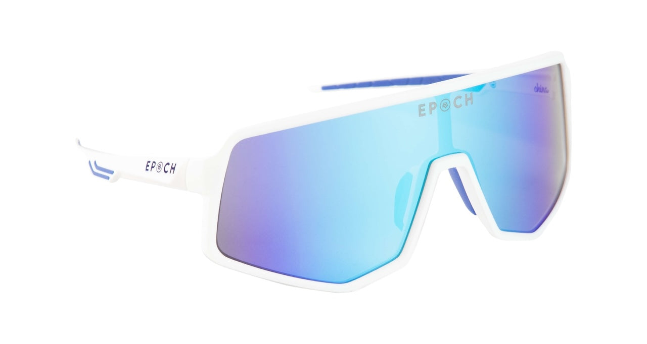 Epoch Eyewear’s L2 Sport Wrap Sunglasses feature a sleek, angular white frame and blue-purple reflective lenses, with “EPOCH” printed on the side—offering a modern, lightweight fit and legendary design for all.