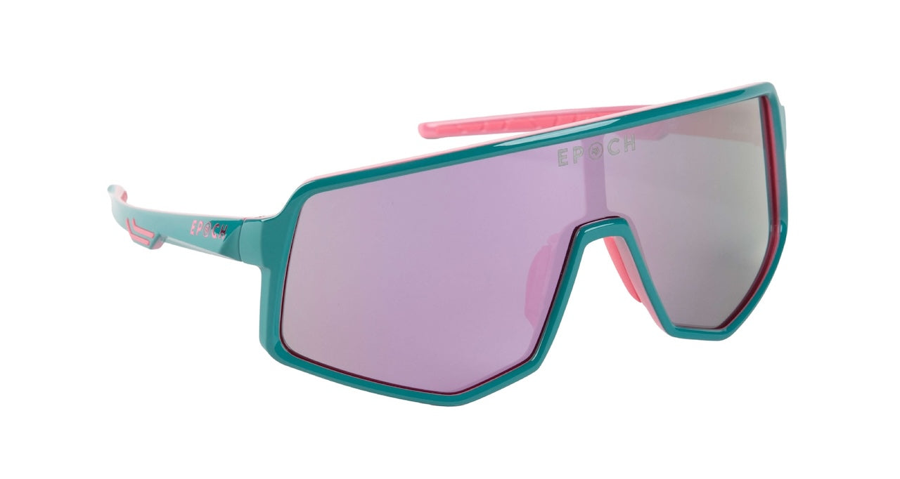 Epoch Eyewear L2 Sport Wrap Sunglasses feature a teal frame with pink arms and a large pink-purple tinted lens etched with EPOCH. This lightweight, modern design offers bold colors and all-day sporty comfort. Legendary design for all.