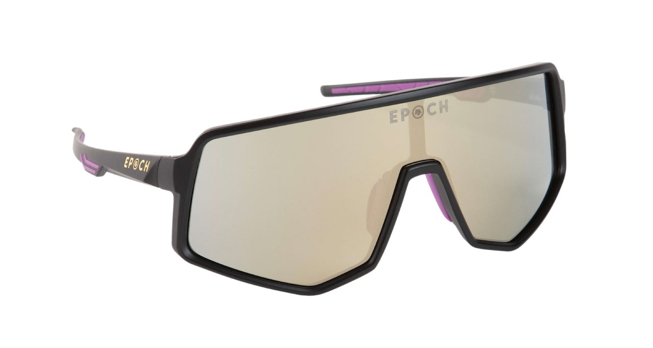 The L2 Sport Wrap Sunglasses by Epoch Eyewear feature a single large mirrored lens, purple accents, lightweight fit, and metallic gold “EPOCH” branding—offering a modern, sporty look inspired by the iconic L2 collection.
