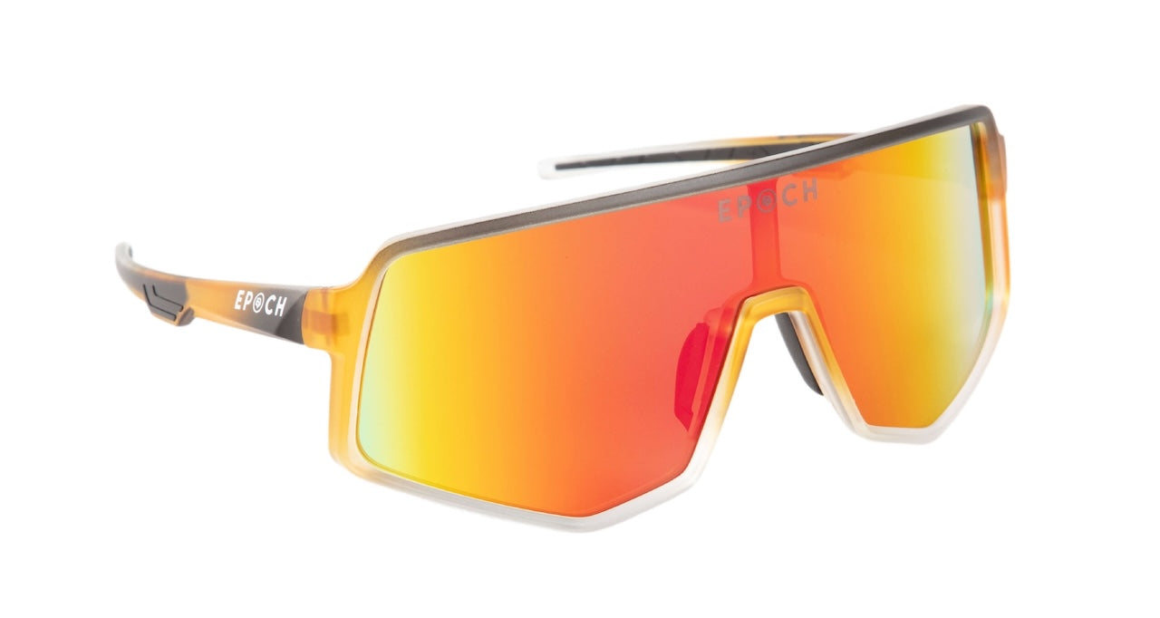 Epoch Eyewear’s L2 Sport Wrap Sunglasses feature a legendary design with a bold orange-red gradient lens, semi-transparent amber frame, and black arms for lightweight comfort. “EPOCH” is printed in white on the lens and arm.
