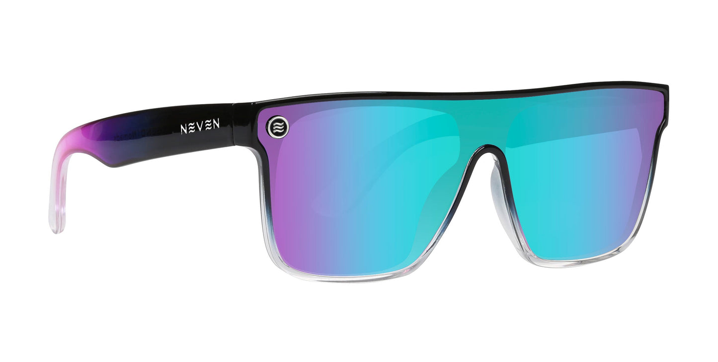 The Neven Eyewear Nomads XL are stylish polarized sunglasses with a black-to-purple frame, oversized blue-to-purple mirrored UV-protective lenses, a circular logo on the left lens, and NEVEN printed on the side.
