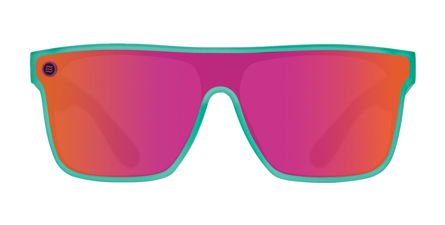 A front view of Neven Eyewear X XL oversized sunglasses with rectangular, mirrored pink-orange lenses and a bright turquoise frame. The polarized sunglasses offer UV protection and feature a small circular logo on the lens. Plain white background.
