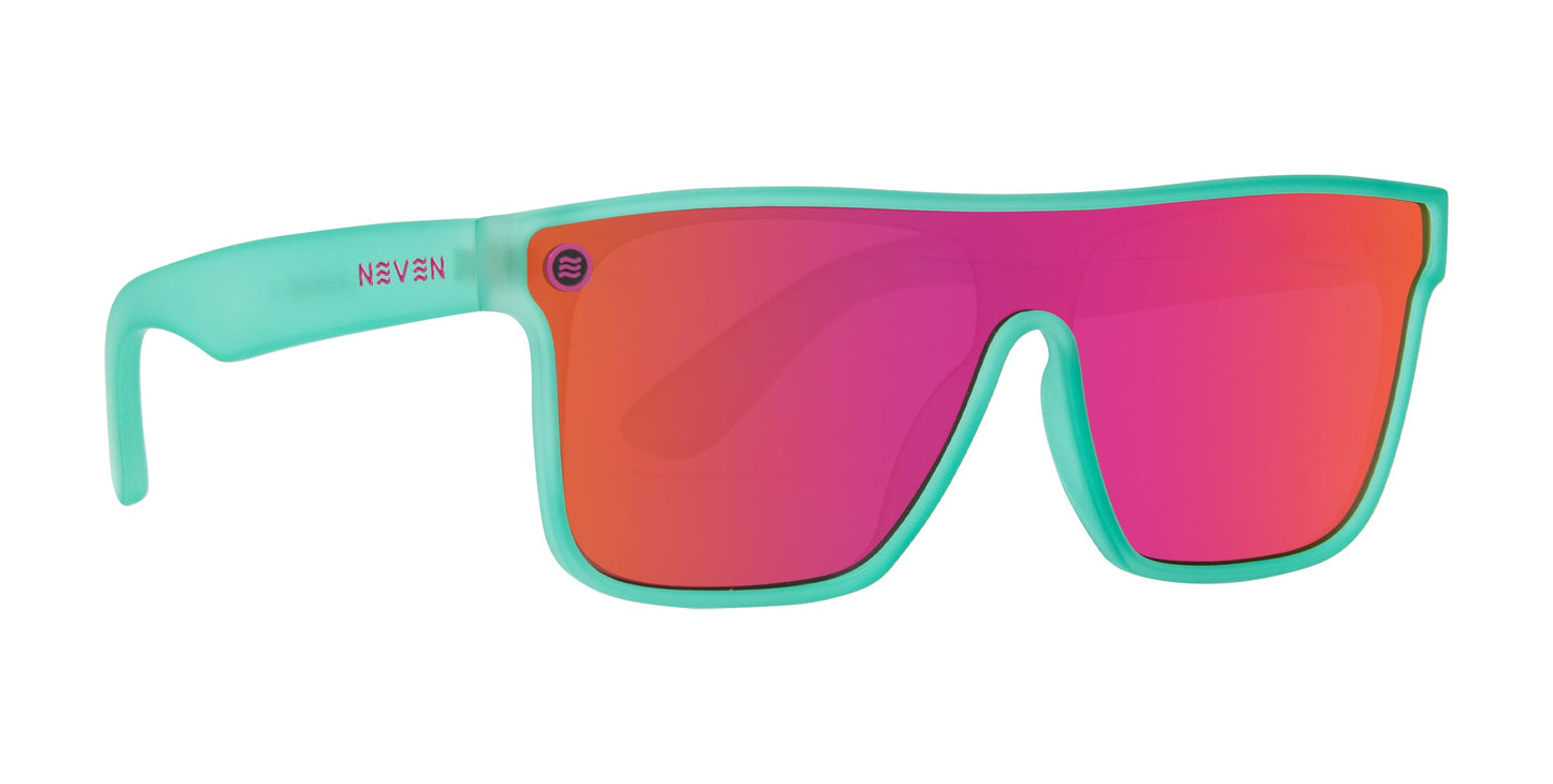 Aqua oversized X XL sunglasses by Neven Eyewear feature thick frames and large rectangular lenses with a pink-orange reflective gradient, UV protection, and “Neven” in pink on the left temple for a sporty, modern look.