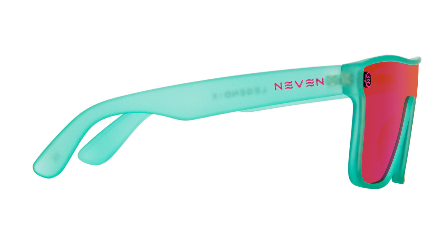A side view of Neven Eyewear’s X XL teal polarized sunglasses with a matte finish and reflective red-orange lenses. “NEVEN” is printed pink on the arm. The sporty frame has curved arms for a secure fit and UV protection.