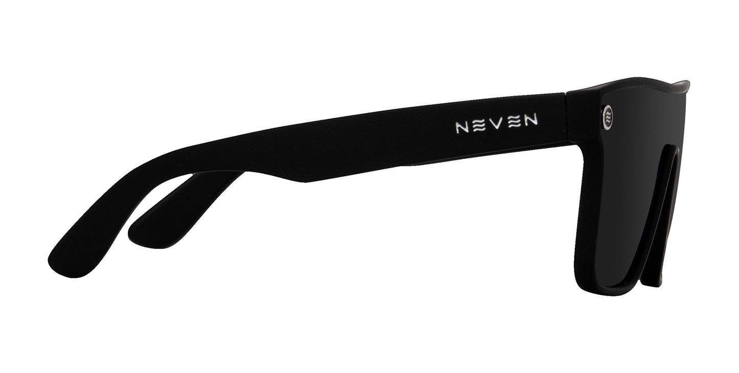 The Bold XL by Neven Eyewear are black oversized sunglasses shown in side profile, featuring thick matte black arms with the NEVEN logo in white and a small circular emblem near the hinge. Polarized lenses provide UV protection.