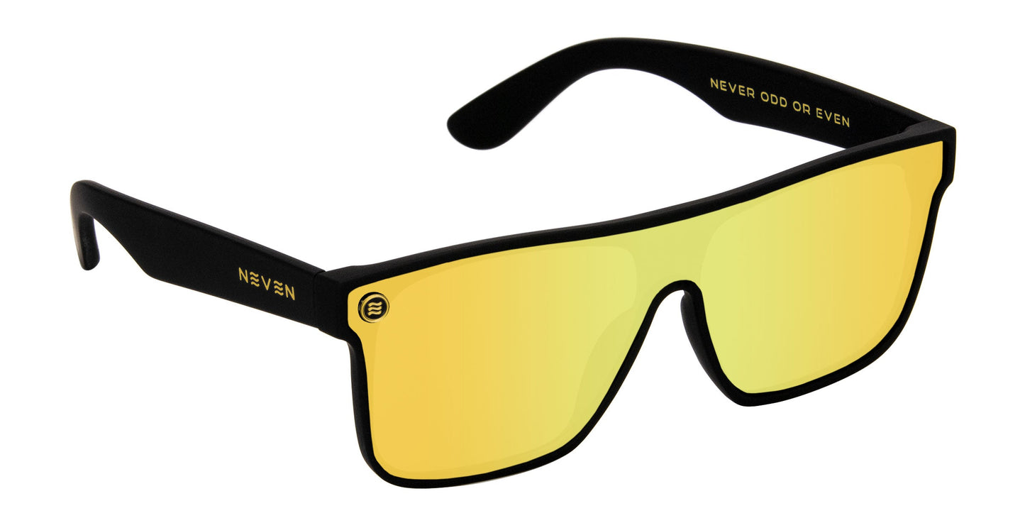 The Neven Eyewear CWM XL features a sleek, modern design with black frames, oversized rectangular polarized yellow mirrored lenses, and gold NEVEN on the left temple. "NEVER ODD OR EVEN" is inside the right arm. Offers full UV protection.