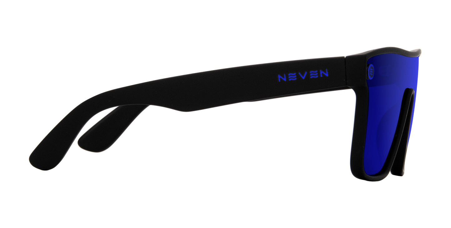 The Midnight XL by Neven Eyewear is a pair of black polarized sunglasses with thick frames and reflective blue lenses. The Neven Eyewear logo is printed in blue on the temple. Shown in side profile against a white background.