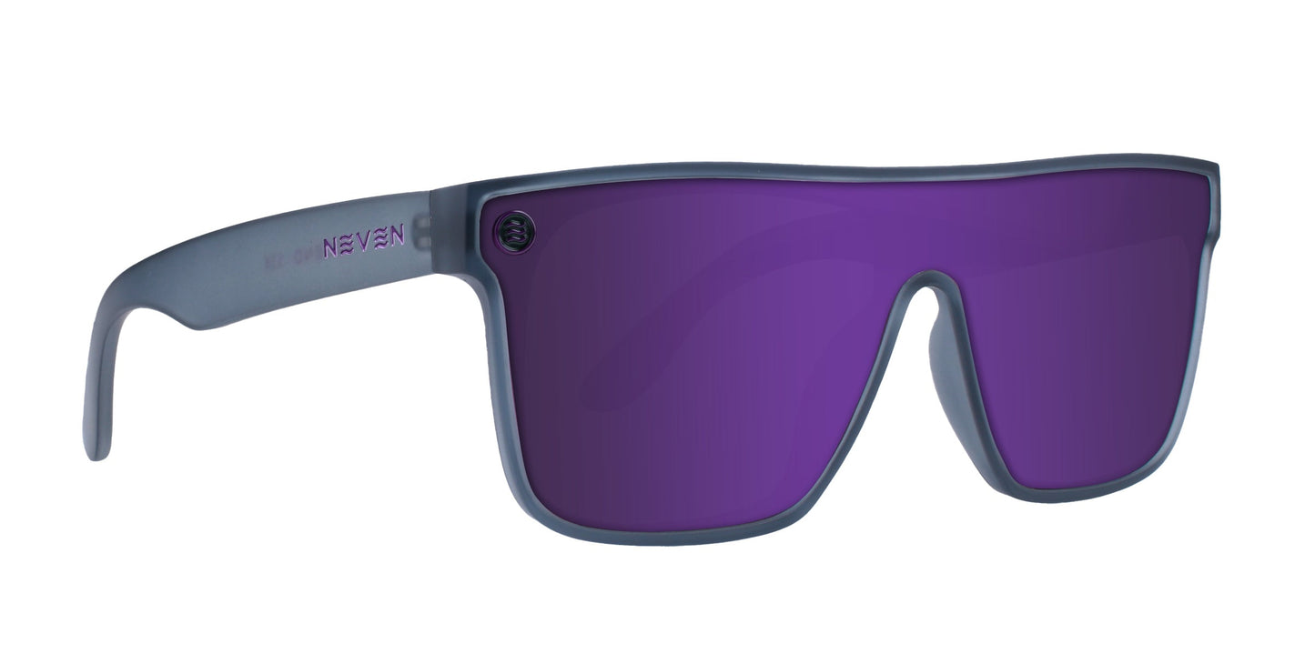 The 53X by Neven Eyewear is a modern pair of polarized sunglasses with a single large purple-tinted lens and a matte grey angular frame, straight browline, rounded edges, and "NEVEN" branding on the left arm near the hinge.