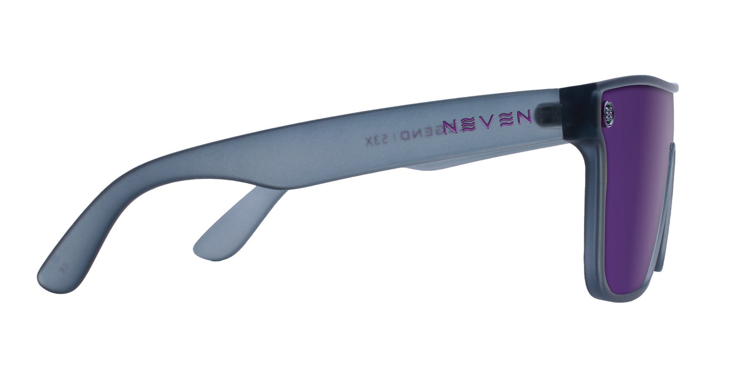 Side view of sporty, modern polarized Neven Eyewear 53X sunglasses featuring semi-transparent gray frames, purple-tinted impact-resistant lenses, “NEVEN 53X” in purple on the inner arm, wide temples, and UV400 protection.