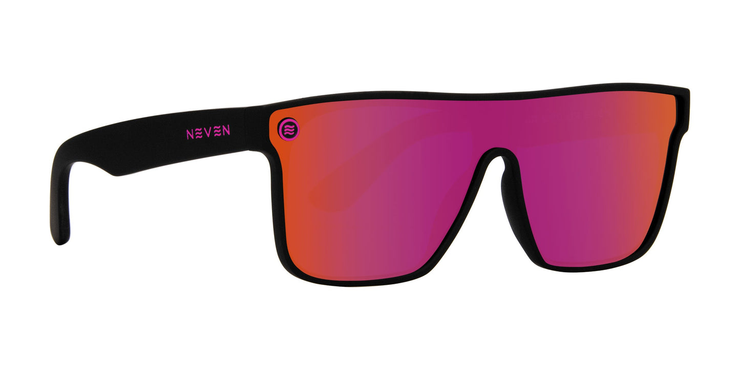 The Neven Eyewear Bliss features black, bold rectangular frames and a large hot pink polarized lens, with “NEVEN” in purple on the left arm. These sporty sunglasses provide UV400 protection and clean, modern lines without visible nose pads.