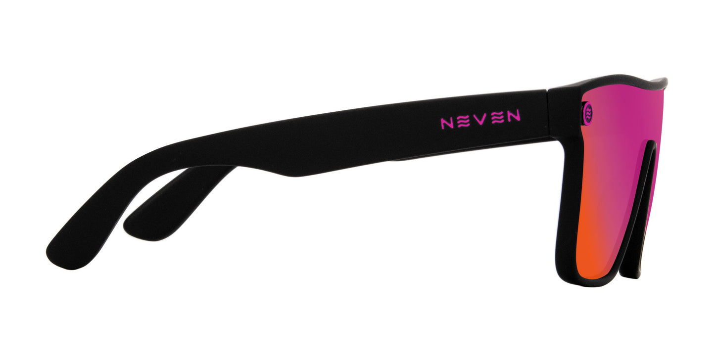 The Bliss sunglasses by Neven Eyewear feature thick black arms, pink-orange mirrored UV400 impact-resistant lenses, and “NEVEN” in purple on the arm for a sporty, modern look.