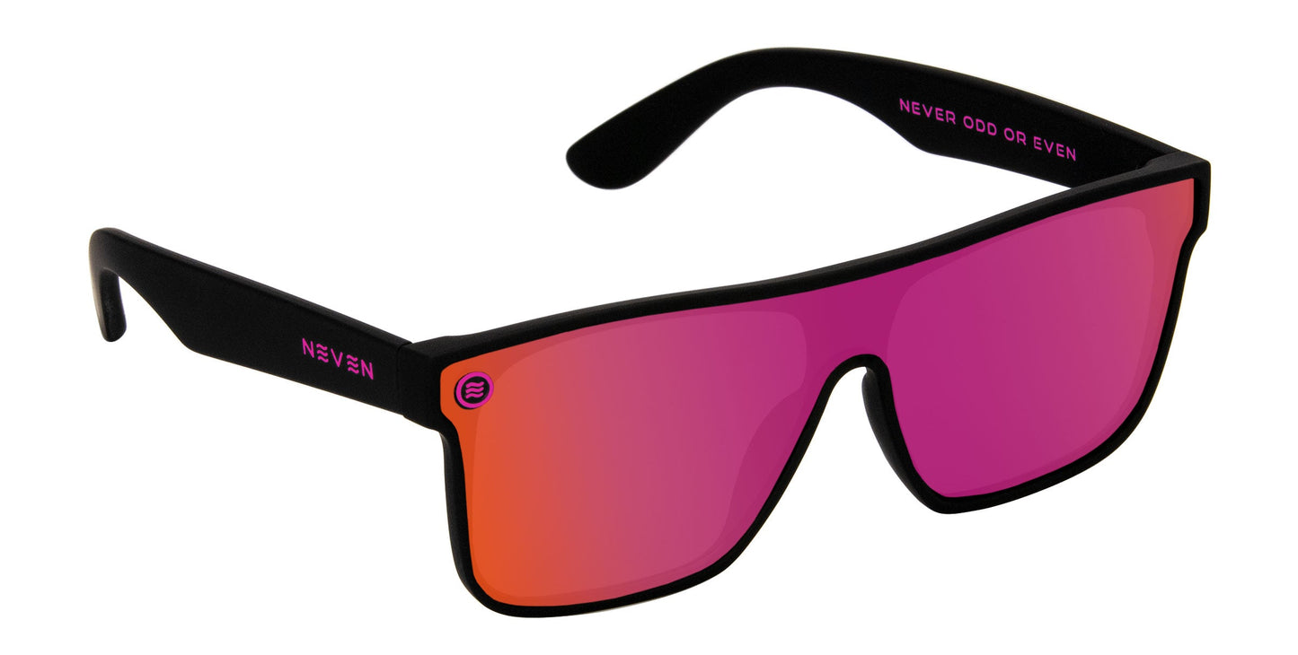 The Bliss sunglasses by Neven Eyewear feature black, wide rectangular frames with hot pink polarized, impact-resistant UV400 lenses. NEVER ODD OR EVEN is printed on the inner right temple; NEVEN appears by the left hinge.