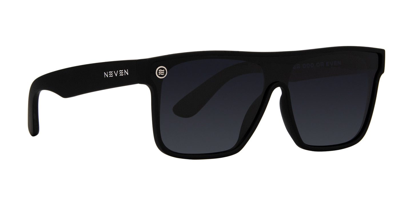The Bold by Neven Eyewear are black polarized sunglasses with thick frames, "NEVEN" in white on the left temple, a circular logo near the hinge, UV400 protection, and dark lenses with a subtle gradient tint.
