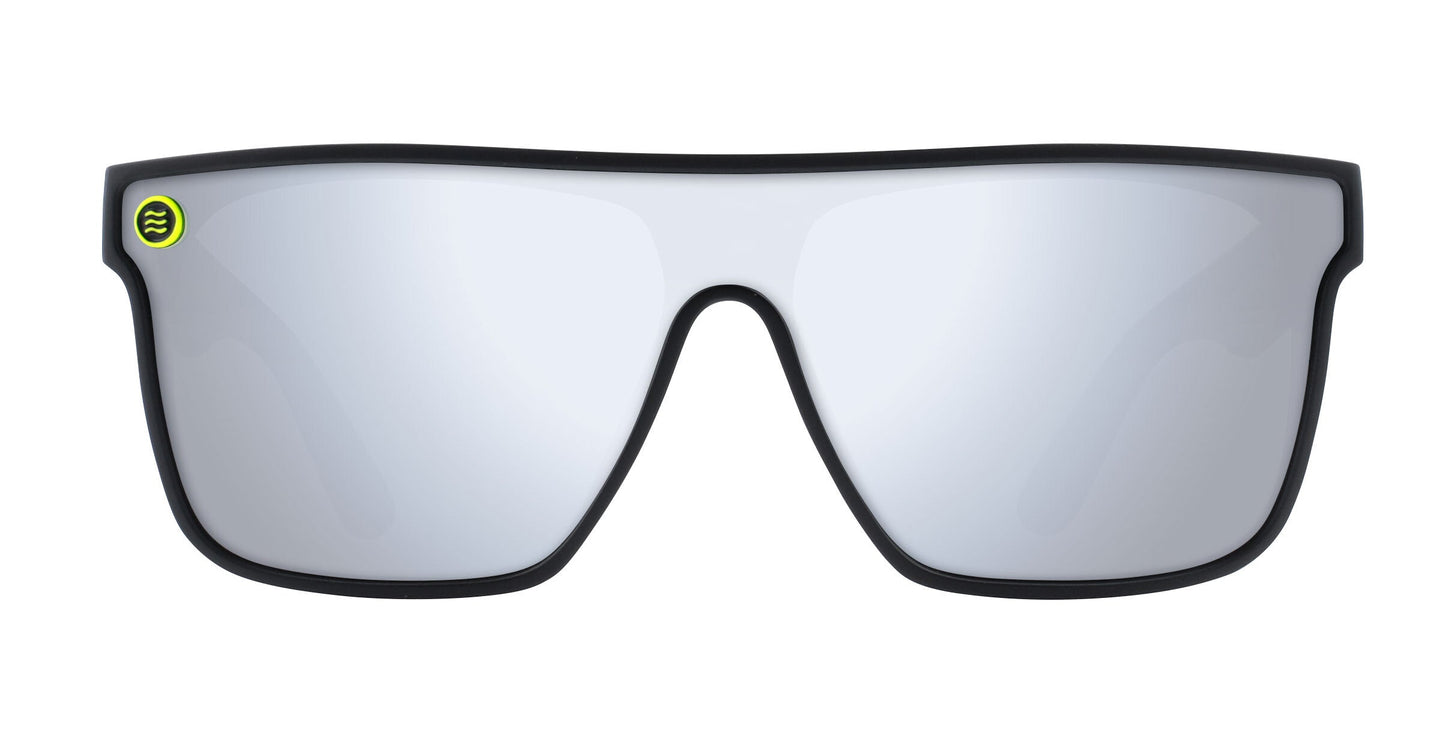 Front view of Neven Eyewear's CJ sunglasses: sporty wraparound style with mirrored, impact-resistant polarized lenses, thin black frame, and a small round yellow-and-black logo on the upper left. Set against a white background.