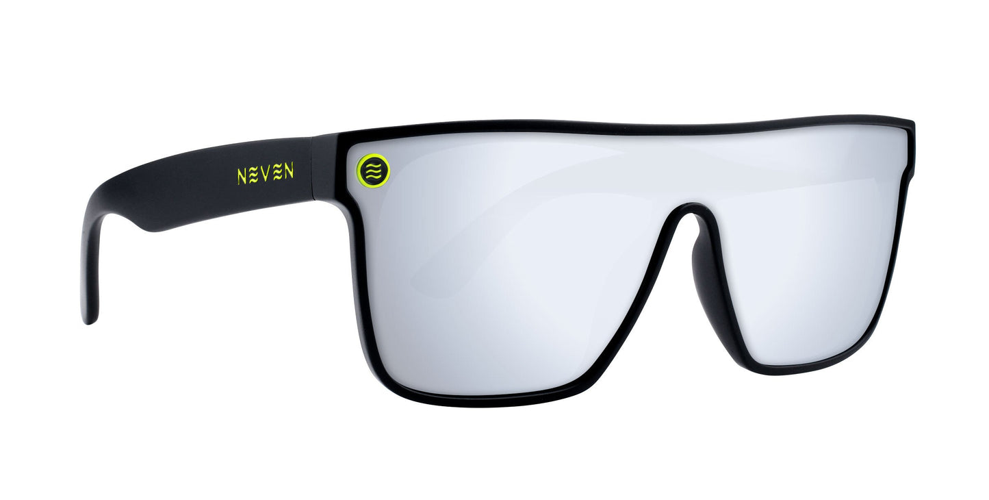 The Neven Eyewear CJ sunglasses feature a modern black frame, a single large mirrored polarized impact-resistant lens, “NEVEN” in yellow on the left arm, and a small yellow three-wave logo on the lens near the arm.