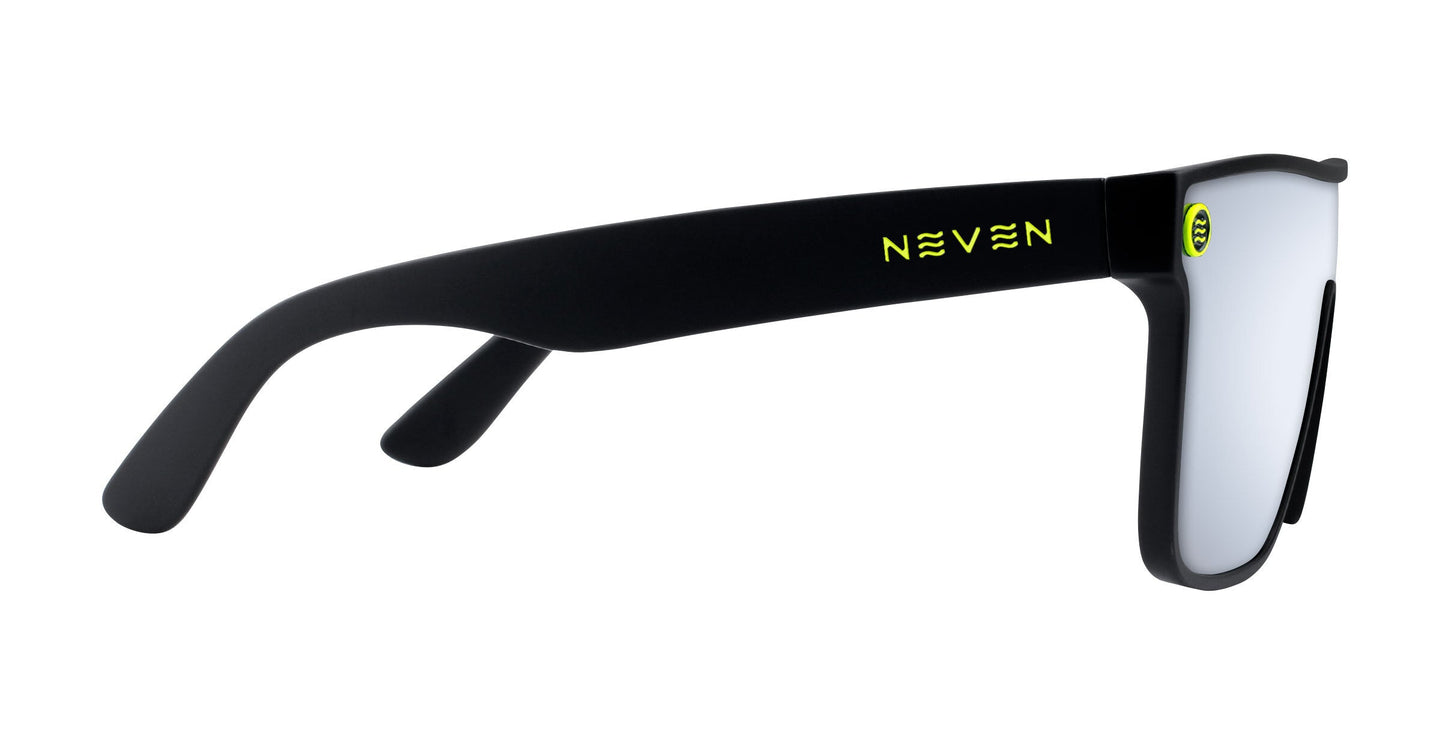 A side view of CJ sunglasses by Neven Eyewear with thick black frames. "NEVEN" is printed in yellow on the arm next to a yellow and black circular logo. These polarized sunglasses have reflective, lightly tinted lenses with UV400 protection.