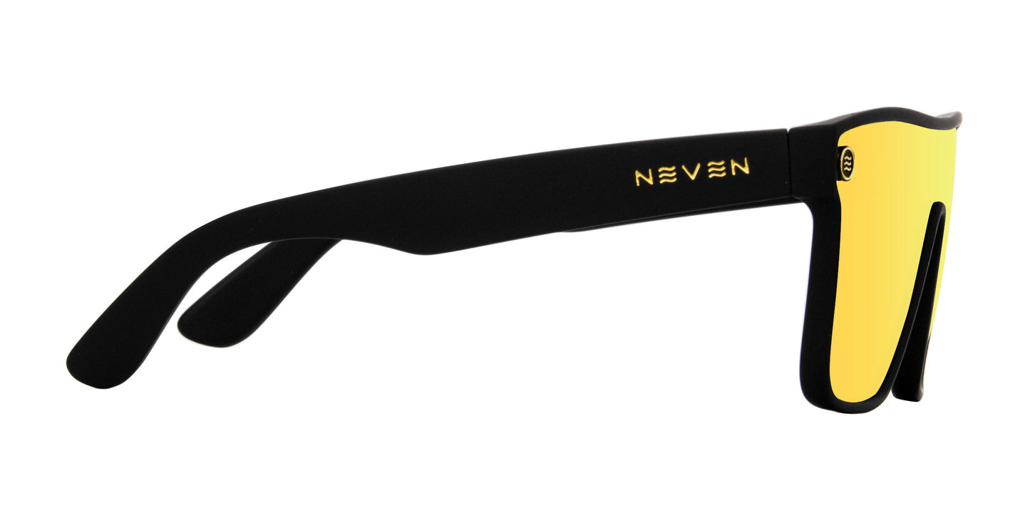 The Neven Eyewear CWM sunglasses feature thick black frames and yellow mirrored lenses. "NEVEN" in gold decorates the temple arm, capturing a bold look. Shown from a side angle on a white background.