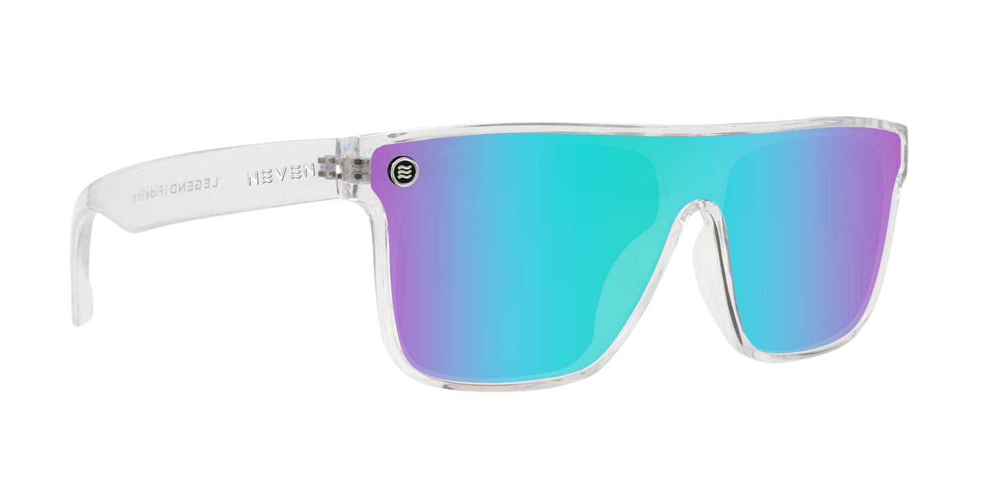 The Neven Eyewear Fidelity sunglasses from the Legend collection feature a transparent frame and a single cyan-to-purple gradient lens with UV400 protection. Small black and white circular branding accents the left temple near the hinge.