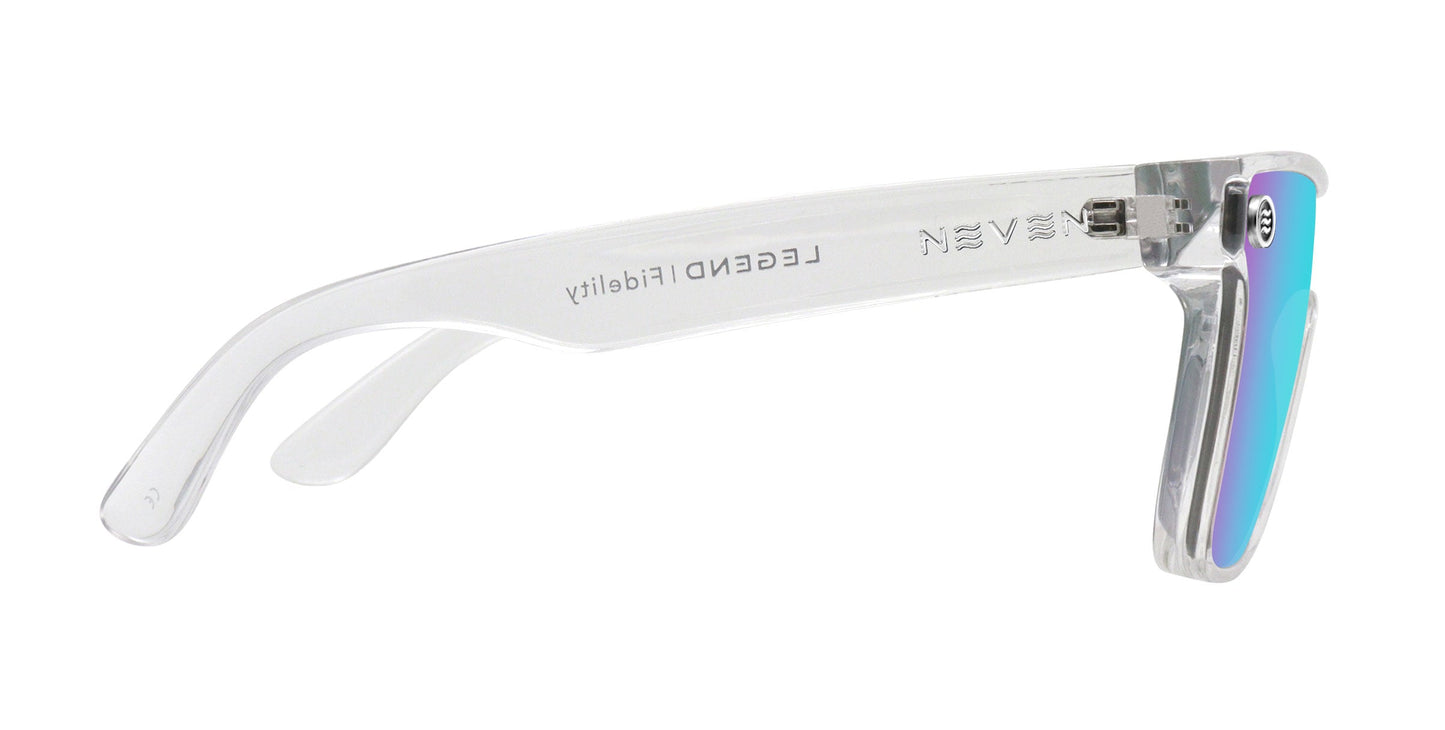 A clear plastic sunglasses frame from Neven Eyewear’s Legend collection is shown in profile. "Fidelity" and reversed "NEVEN" appear on the arm. Iridescent blue-to-purple UV400 lens protects against harmful rays. Background is plain white.