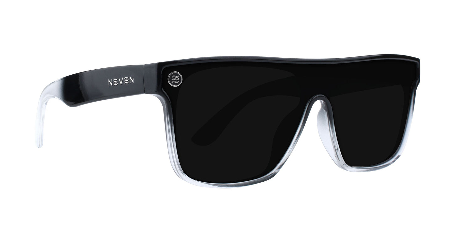 A pair of stylish Jordan sunglasses by Neven Eyewear featuring large rectangular black UV400 lenses, thick black-to-clear fade frames, and the brand name NEVEN in white on the left arm beside a small circular logo.
