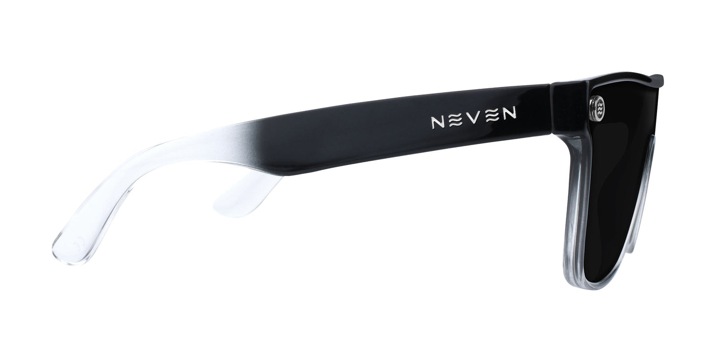 Side view of Jordan sunglasses by Neven Eyewear, featuring black frames and UV400 polarized lenses. The arms fade from black to clear with "NEVEN" in white stylized text near the hinge.